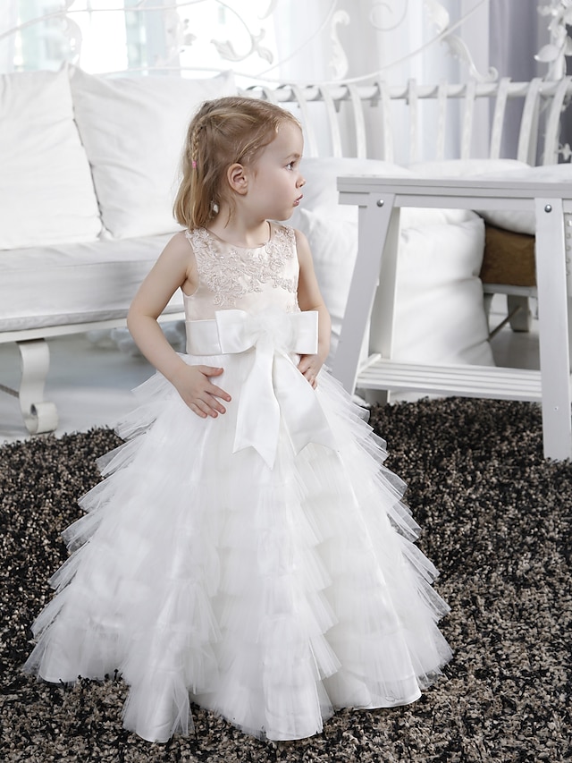  A-Line Floor Length Flower Girl Dress Wedding Cute Prom Dress Satin with Beading Fit 3-16 Years