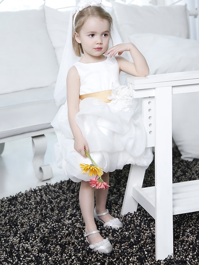  Ball Gown Knee Length Flower Girl Dress Wedding Party Cute Prom Dress Satin with Pick Up Skirt Fit 3-16 Years