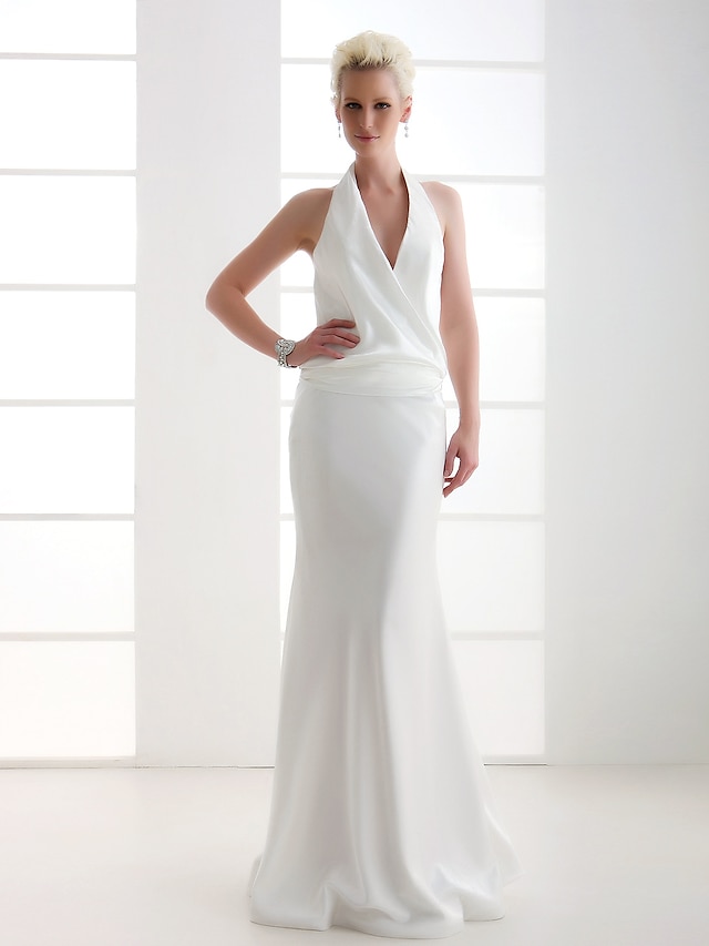  Sheath / Column Wedding Dresses V Neck Floor Length Stretch Satin Regular Straps Casual Plus Size with Side-Draped 2020