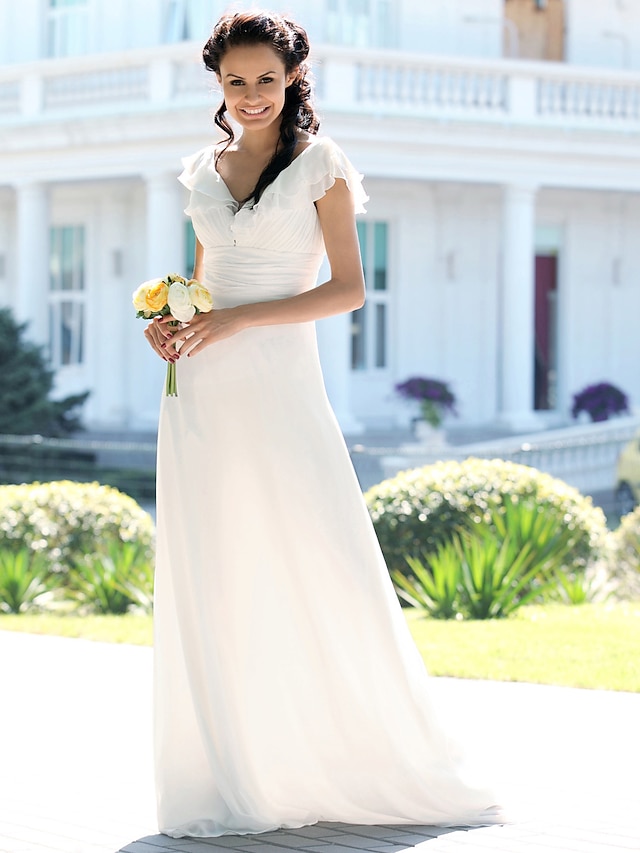  Τρομπέτα / Γοργόνα Λαιμόκοψη V Μακρύ Σιφόν Κοντομάνικο Επίσημα Μικρά Άσπρα Φορέματα Φορεματα για γαμο με Πιασίματα 2020