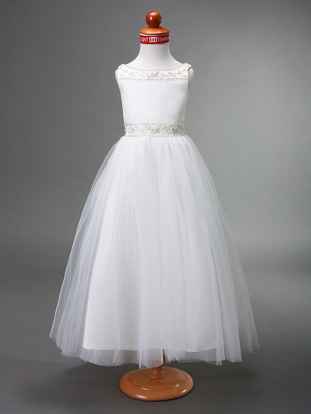  Princess Floor Length Flower Girl Dress First Communion Cute Prom Dress Satin with Beading Fit 3-16 Years