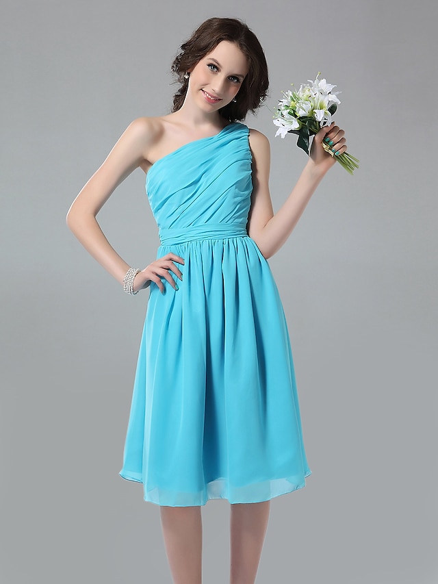  A-Line One Shoulder Knee Length Chiffon Bridesmaid Dress with Side Draping / Ruched / Pleats by LAN TING BRIDE®