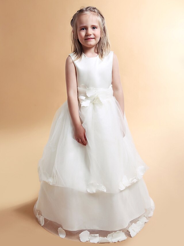  Princess / A-Line Floor Length First Communion / Wedding Party Satin / Tulle Sleeveless Jewel Neck with Lace / Bow(s)