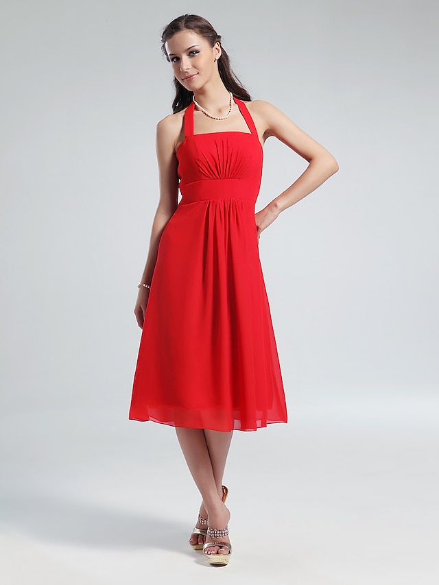  A-Line Halter Neck Knee Length Chiffon Bridesmaid Dress with Draping by LAN TING BRIDE® / Open Back