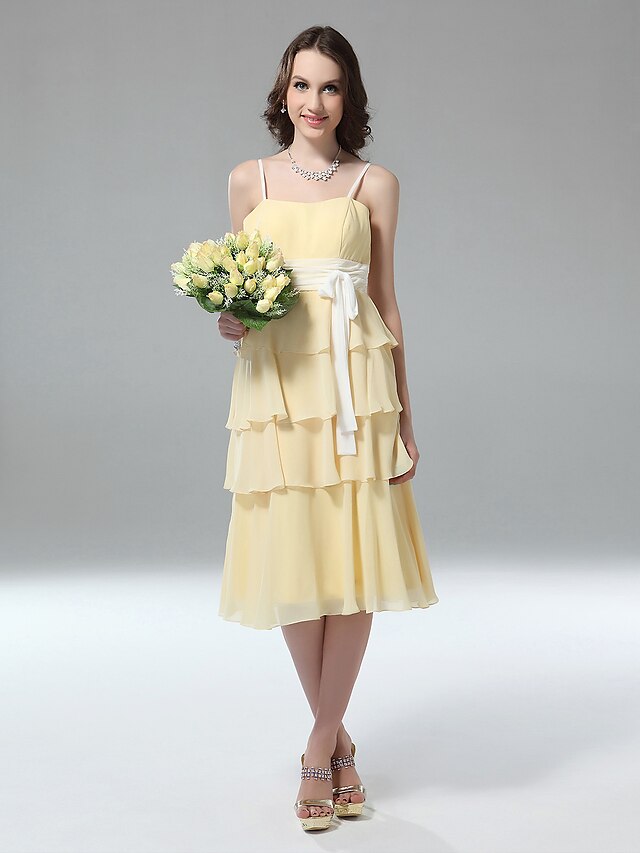  Sheath / Column Bridesmaid Dress Spaghetti Strap Sleeveless Color Block Tea Length Chiffon with Sash / Ribbon 2022
