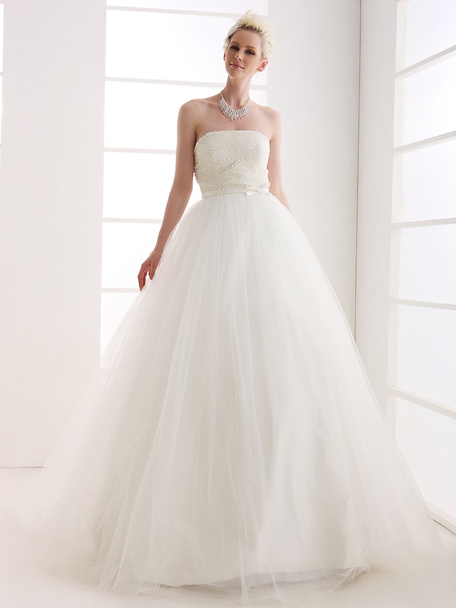  Wedding Dresses Ball Gown Strapless Strapless Floor Length Tulle Bridal Gowns With Bowknot Sash / Ribbon 2024