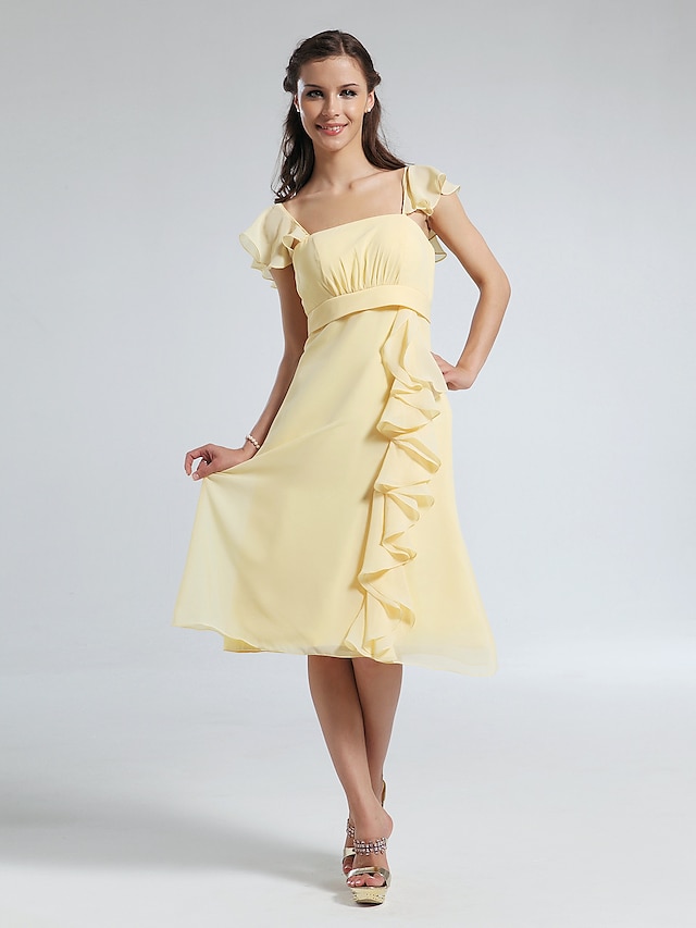  A-Line Straps Knee Length Chiffon Bridesmaid Dress with Draping / Ruffles by LAN TING BRIDE®