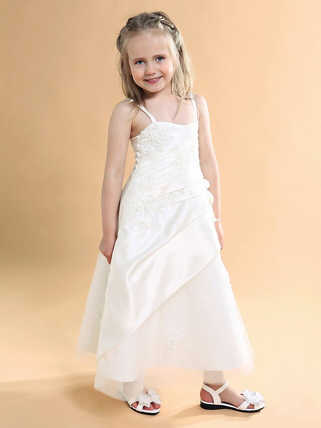  A-Line Floor Length Flower Girl Dress First Communion Cute Prom Dress Satin with Appliques Fit 3-16 Years
