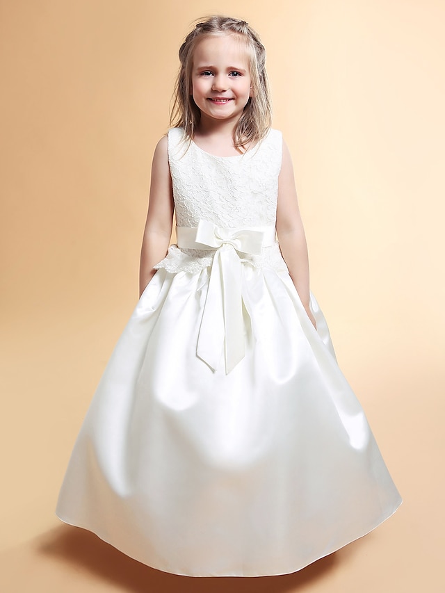  Princess Floor Length Flower Girl Dresses Wedding Lace Sleeveless Scoop Neck with Lace / Fall / Winter / Spring / Summer / First Communion