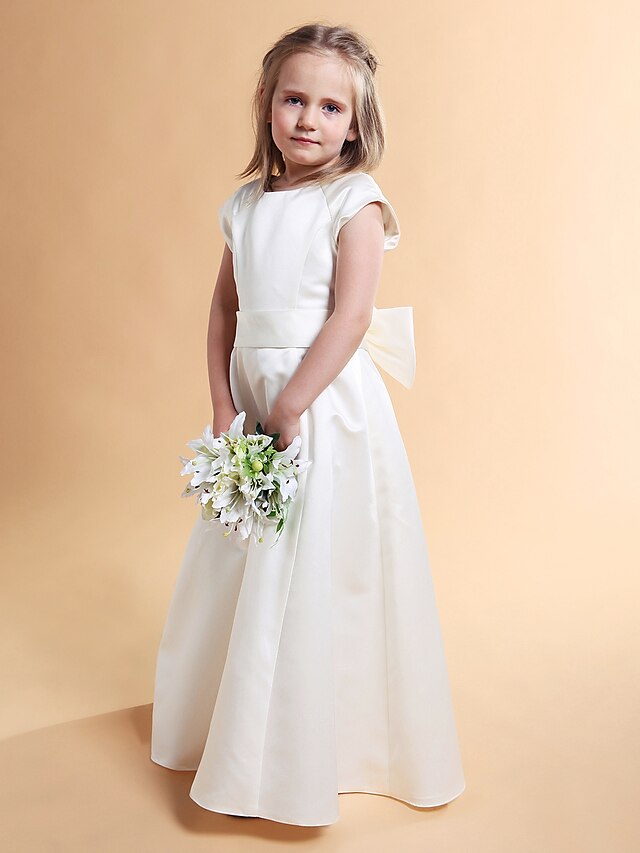  Princess Floor Length Flower Girl Dress First Communion Cute Prom Dress Satin with Sash / Ribbon Fit 3-16 Years