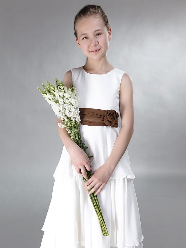 Princesa Hasta el Suelo Joya Gasa Verano Junior vestidos de dama de honor y vestidos Con Cinta / Lazo Vestido de invitada de boda para niños 4-16 años