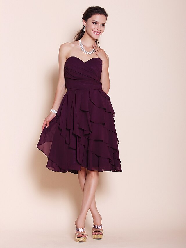  A-Line / Princess Strapless / Sweetheart Neckline Knee Length Chiffon Bridesmaid Dress with Side Draping by LAN TING BRIDE® / Open Back