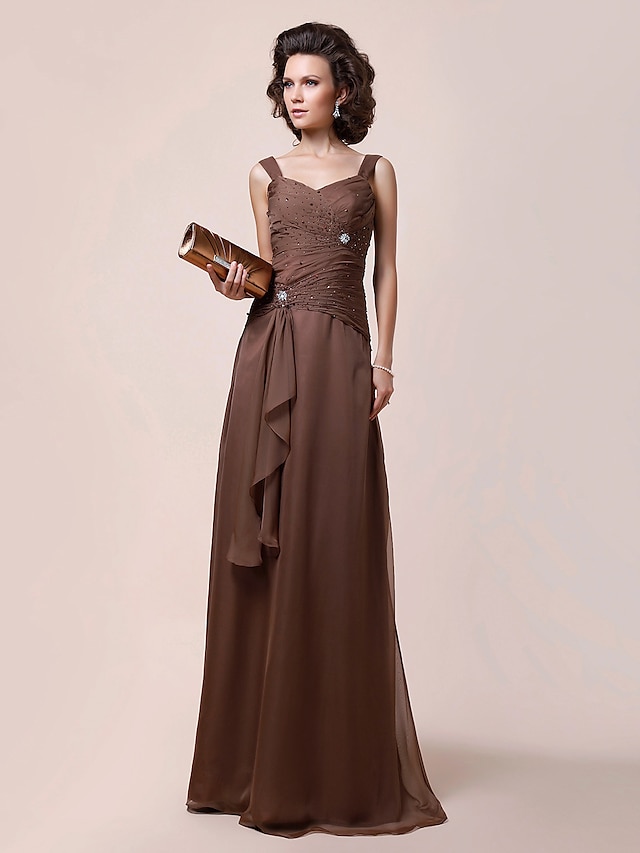  A-Line Mother of the Bride Dress Open Back Straps Floor Length Chiffon Sleeveless with Beading Ruffles Side Draping 2021