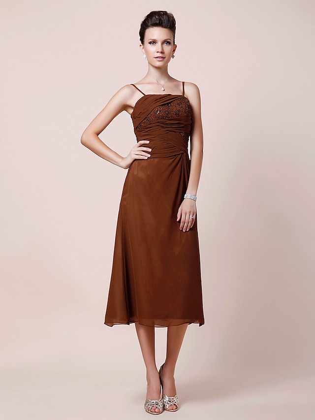  A-Line Spaghetti Strap Tea Length Chiffon Mother of the Bride Dress with Beading / Criss Cross / Ruched by LAN TING BRIDE®