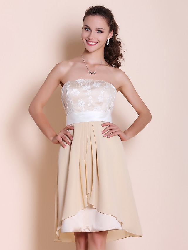  Knee-length Chiffon / Satin / Lace Bridesmaid Dress - Champagne Plus Sizes / Petite A-line / Princess Strapless