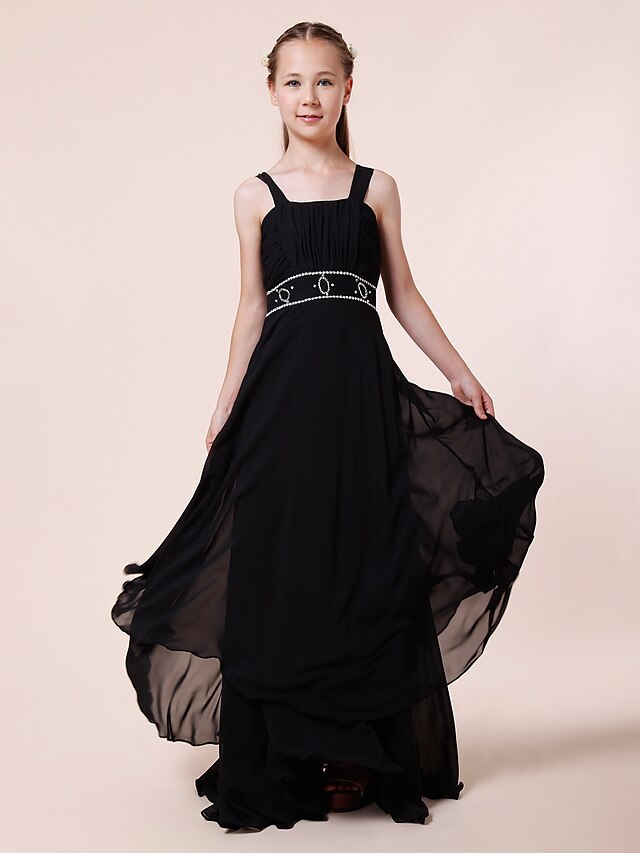  Sheath / Column Straps Floor Length Chiffon Junior Bridesmaid Dress with Beading / Draping