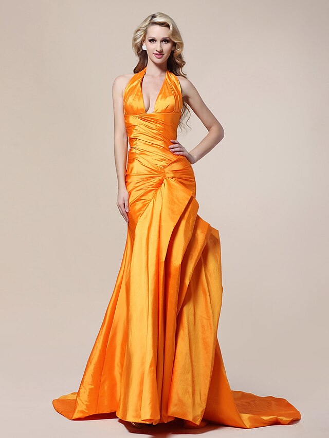  Mermaid / Trumpet Celebrity Style Inspired by Oscar Formal Evening Dress Plunging Neck Sleeveless Court Train Taffeta with Ruffles Side Draping 2020