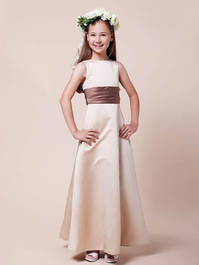  Princess Floor Length Junior Bridesmaid Dress Wedding Party Satin Sleeveless Bateau Neck with Sash / Ribbon 2022 / Fall / Winter / Spring / Summer / Apple