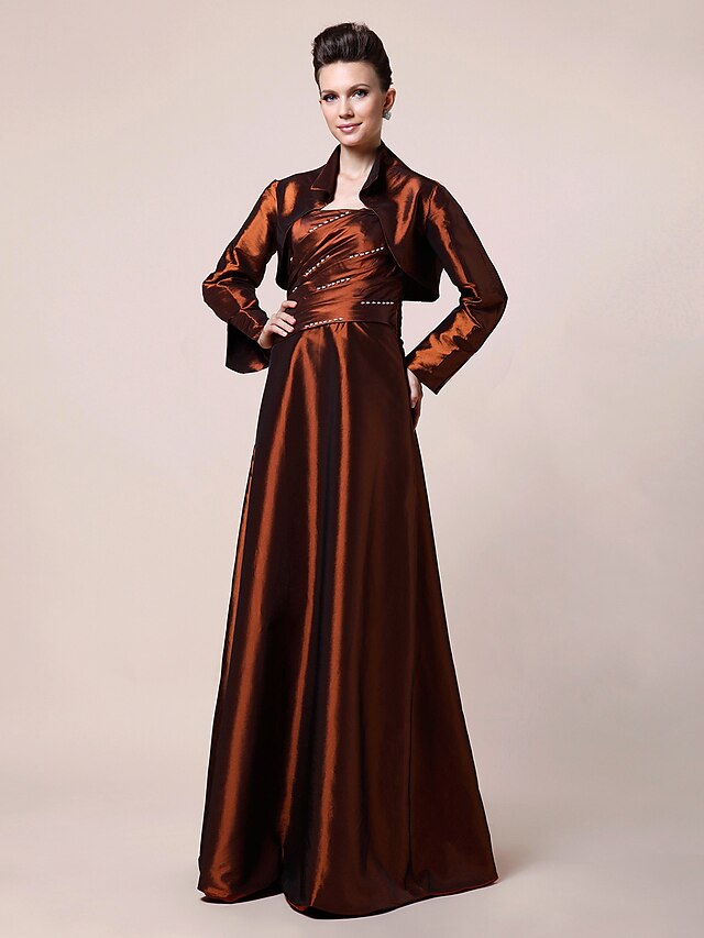  A-Line Mother of the Bride Dress Strapless Floor Length Taffeta Long Sleeve with Beading Side Draping 2020