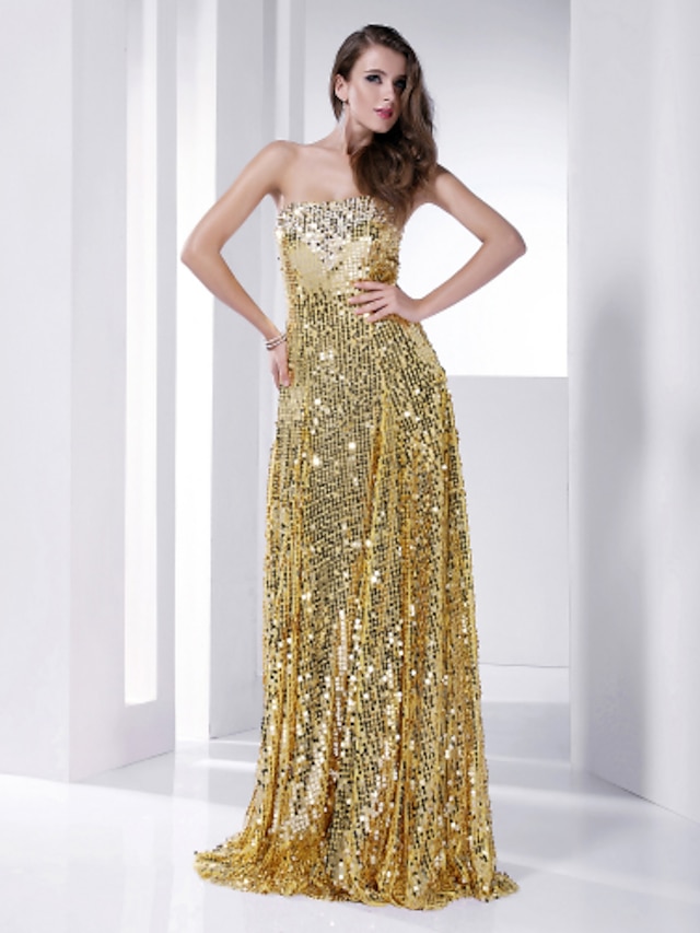  Sheath / Column Elegant Dress Holiday Cocktail Party Floor Length Sleeveless Strapless Sequined with Sequin Draping 2023