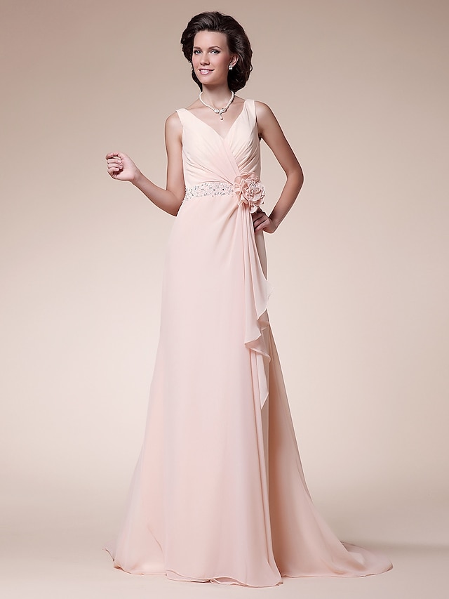  A-Line Mother of the Bride Dress Floral V Neck Sweep / Brush Train Chiffon Sleeveless with Criss Cross Beading Ruffles 2023