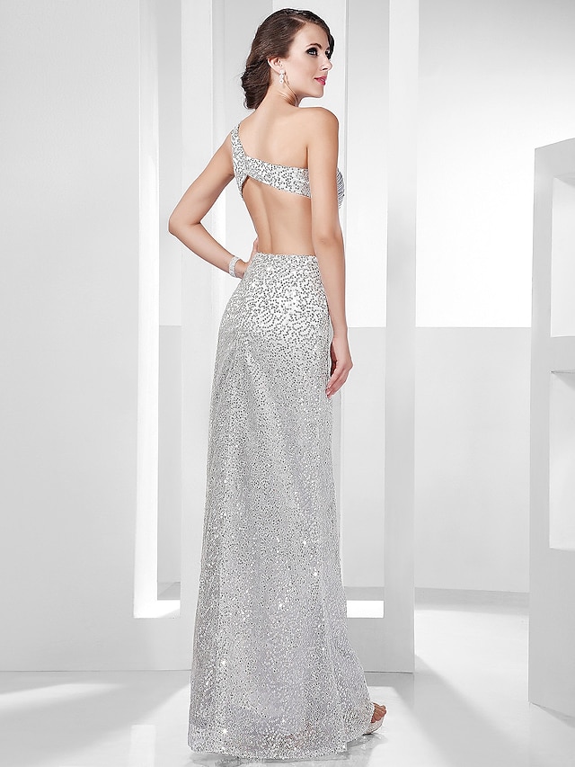  Sheath / Column Celebrity Style Beautiful Back Sparkle & Shine Formal Evening Military Ball Dress One Shoulder Sleeveless Floor Length Sequined with Side Draping 2022