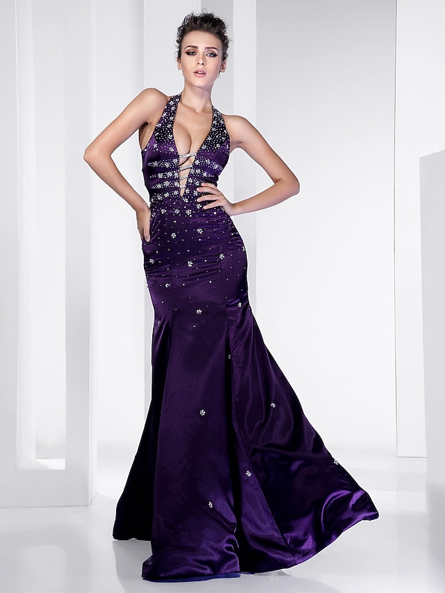  Mermaid / Trumpet Open Back Dress Formal Evening Military Ball Floor Length Sleeveless Plunging Neck Satin with Beading Draping 2023