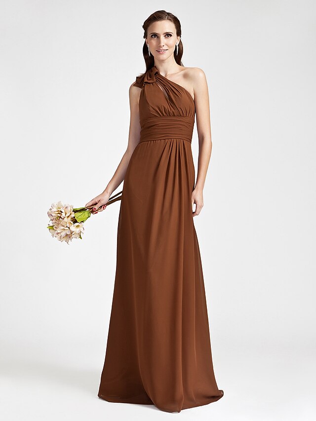  Sheath / Column One Shoulder Floor Length Chiffon Bridesmaid Dress with Bow(s) / Ruched / Side Draping