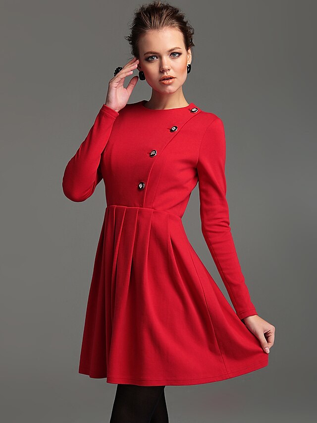  Rot Kleid - Langarm Winter Rot Blau