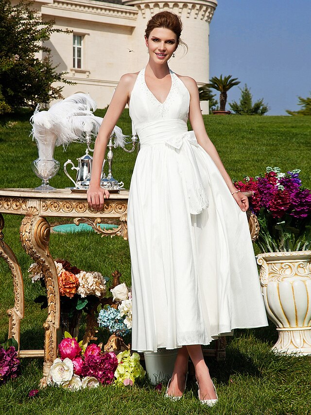  Princess A-Line Wedding Dresses Halter Neck Tea Length Taffeta Sleeveless with 2020