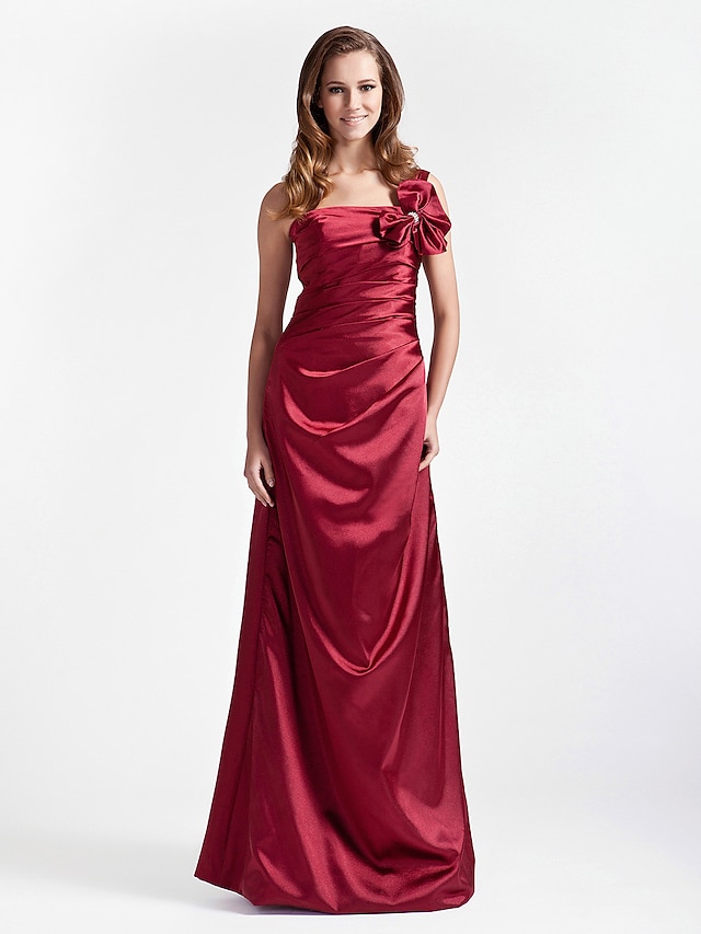  Ball Gown / A-Line One Shoulder Floor Length Stretch Satin Bridesmaid Dress with Bow(s) / Ruched