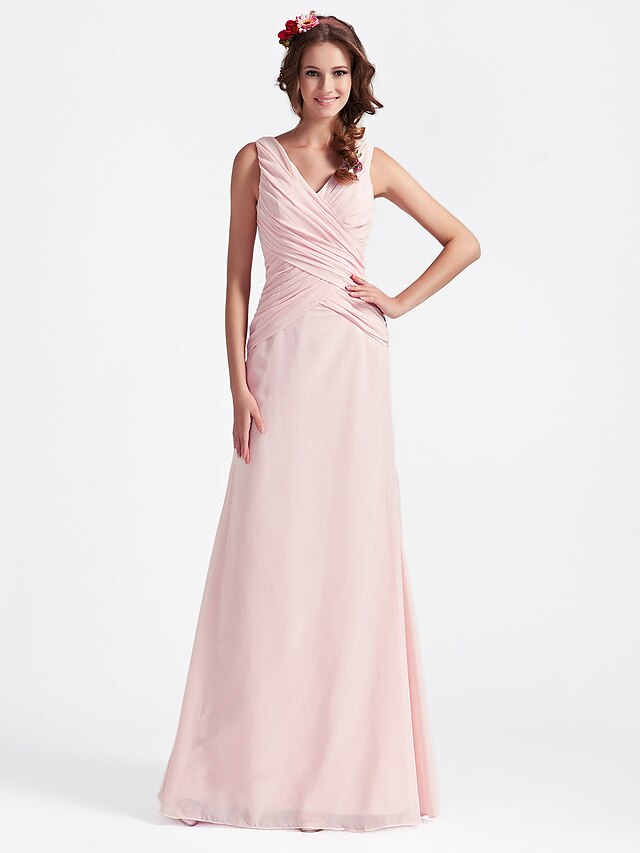  Ball Gown / A-Line V Neck Floor Length Chiffon Bridesmaid Dress with Criss Cross / Open Back