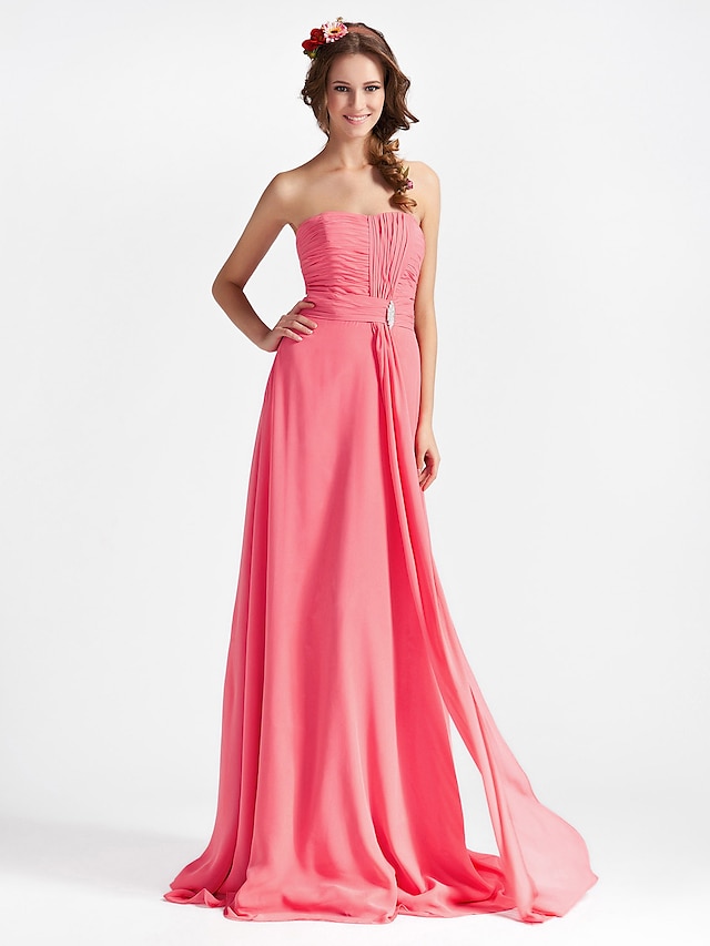  Sheath / Column Strapless Floor Length Chiffon Bridesmaid Dress with Draping / Crystal Brooch / Ruched by LAN TING BRIDE®