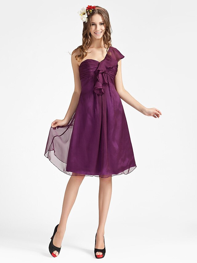 Sheath / Column One Shoulder Knee Length Chiffon Bridesmaid Dress with Draping Ruched Ruffles by
