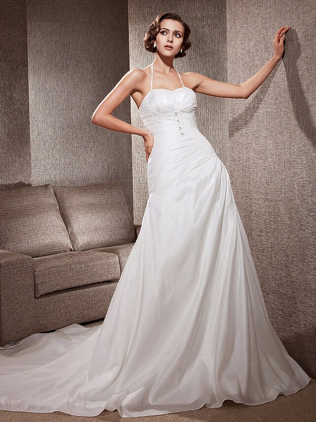  Hall Wedding Dresses Court Train A-Line Sleeveless Halter Sweetheart Taffeta With 2023 Spring Bridal Gowns