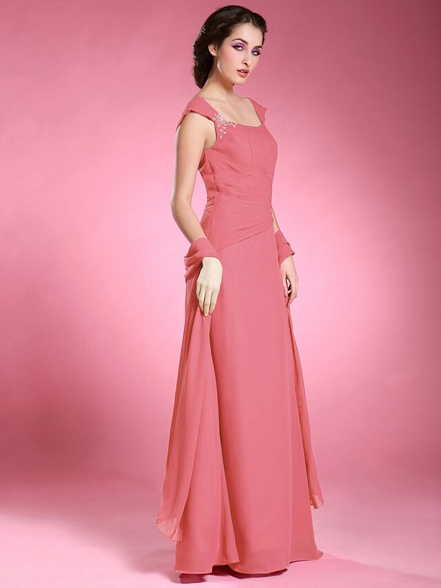  A-Line Mother of the Bride Dress Wrap Included Off Shoulder Floor Length Chiffon Short Sleeve with Beading 2022