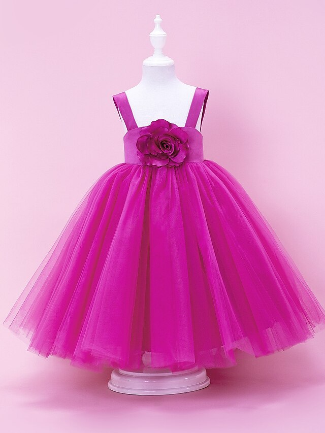  Princess / Ball Gown / A-Line Floor Length First Communion / Wedding Party Satin / Tulle Sleeveless Straps with Draping / Flower