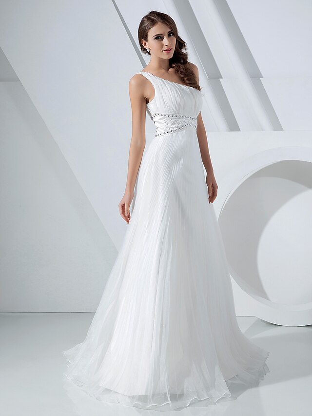  A-Line Elegant Dress Prom Floor Length Sleeveless One Shoulder Organza with Pleats Crystals 2022 / Formal Evening