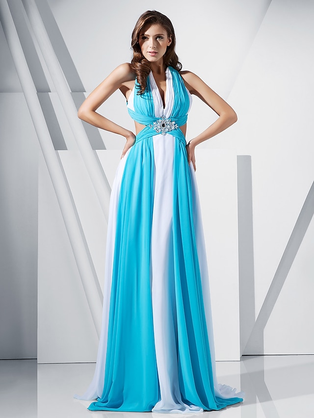  Sheath / Column Celebrity Style Dress Formal Evening Military Ball Sweep / Brush Train Sleeveless V Neck Chiffon with Crystals 2024