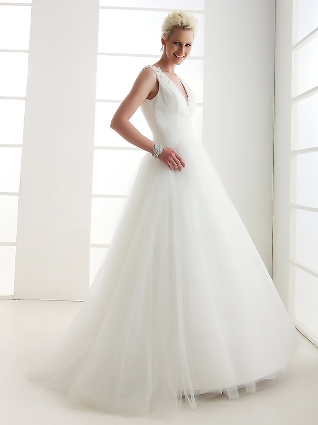  שמלות חתונה נשף צווארון V רצועות רגילות עד הריצפה טול שמלות כלה עם חרוזים בד בהצלבה 2024