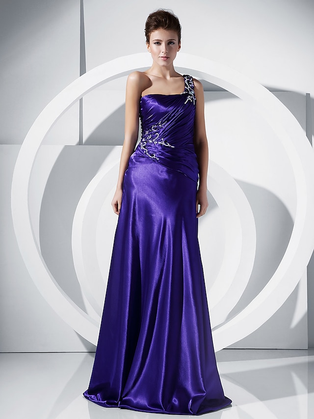 A-Line Elegant Dress Holiday Cocktail Party Floor Length Sleeveless One Shoulder Charmeuse with Beading Draping 2023