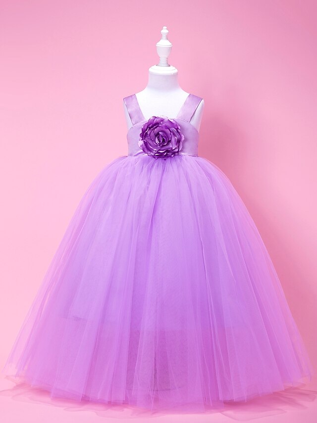  A-Line / Ball Gown / Princess Floor Length Flower Girl Dress - Satin / Tulle Sleeveless Straps with Draping / Flower by LAN TING BRIDE®