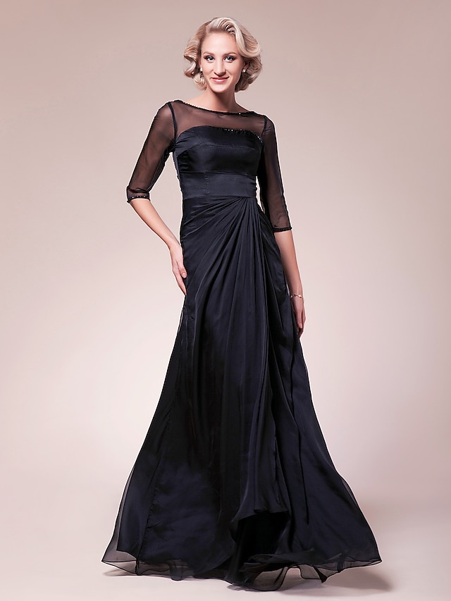  A-Line Mother of the Bride Dress See Through Bateau Neck Floor Length Chiffon Stretch Satin Half Sleeve with Beading Side Draping 2020 / Illusion Sleeve