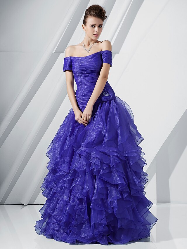  Ball Gown Floral Quinceanera Prom Formal Evening Dress Off Shoulder Short Sleeve Floor Length Organza with Ruched Cascading Ruffles Flower 2020