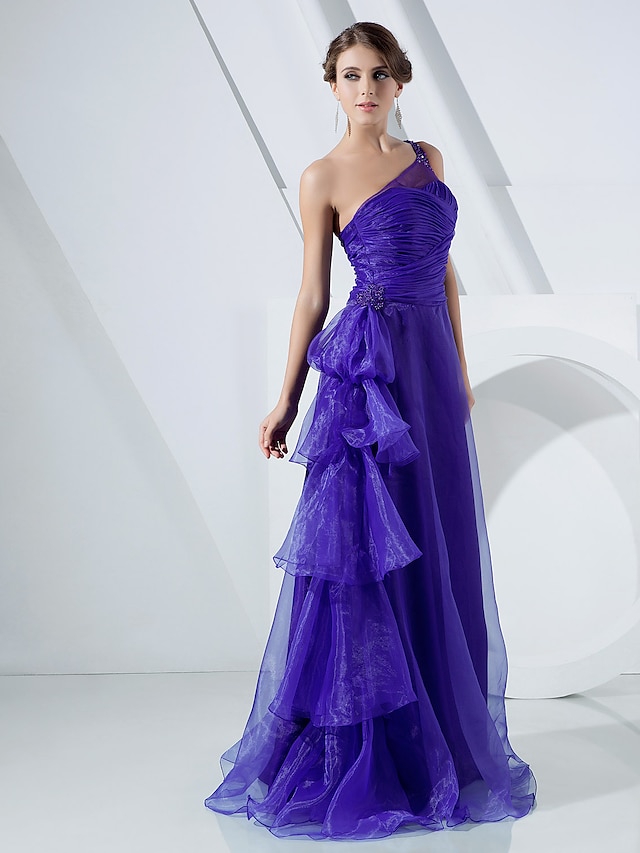  A-Line Elegant Formal Evening Military Ball Dress One Shoulder Sleeveless Floor Length Organza with Side Draping Cascading Ruffles 2021