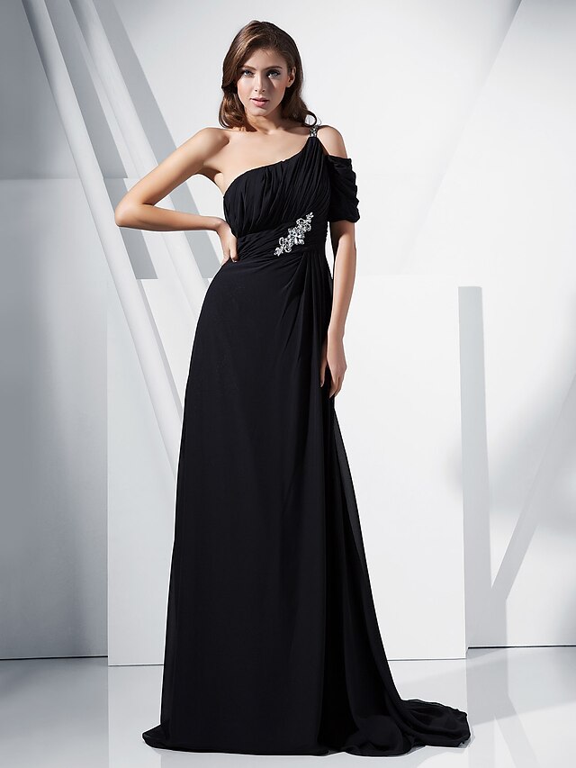  Ball Gown Formal Evening Military Ball Dress Off Shoulder Short Sleeve Sweep / Brush Train Chiffon Stretch Satin with Beading Draping Crystal Brooch 2020
