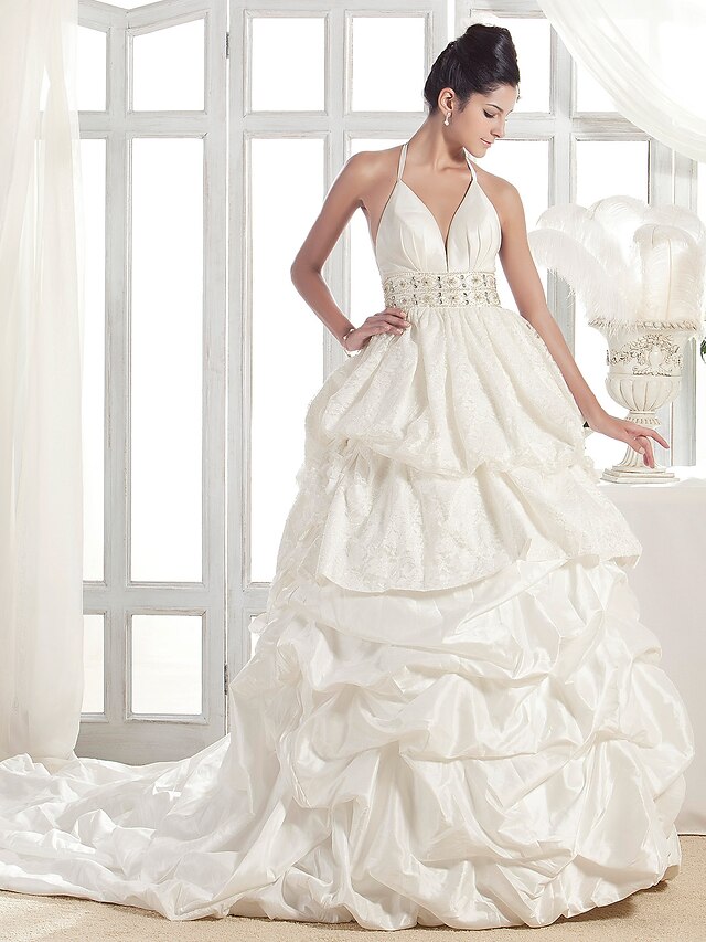  Hall Wedding Dresses Court Train A-Line Sleeveless Halter Organza With 2023 Summer Bridal Gowns
