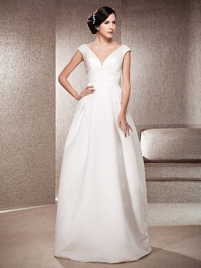  A-Line Wedding Dresses V Neck Floor Length Satin Cap Sleeve Simple Backless with Draping 2021