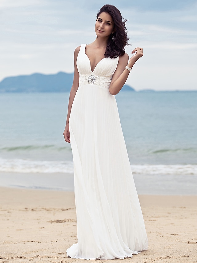  Beach Wedding Dresses Sheath / Column Straps V Neck Sleeveless Sweep / Brush Train Chiffon Bridal Gowns With 2024