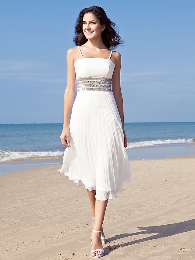 Tubinho Vestidos de noiva Decote Quadrado Longuette Chiffon Alças Finas Vestidos Brancos Justos com Lantejoulas 2021